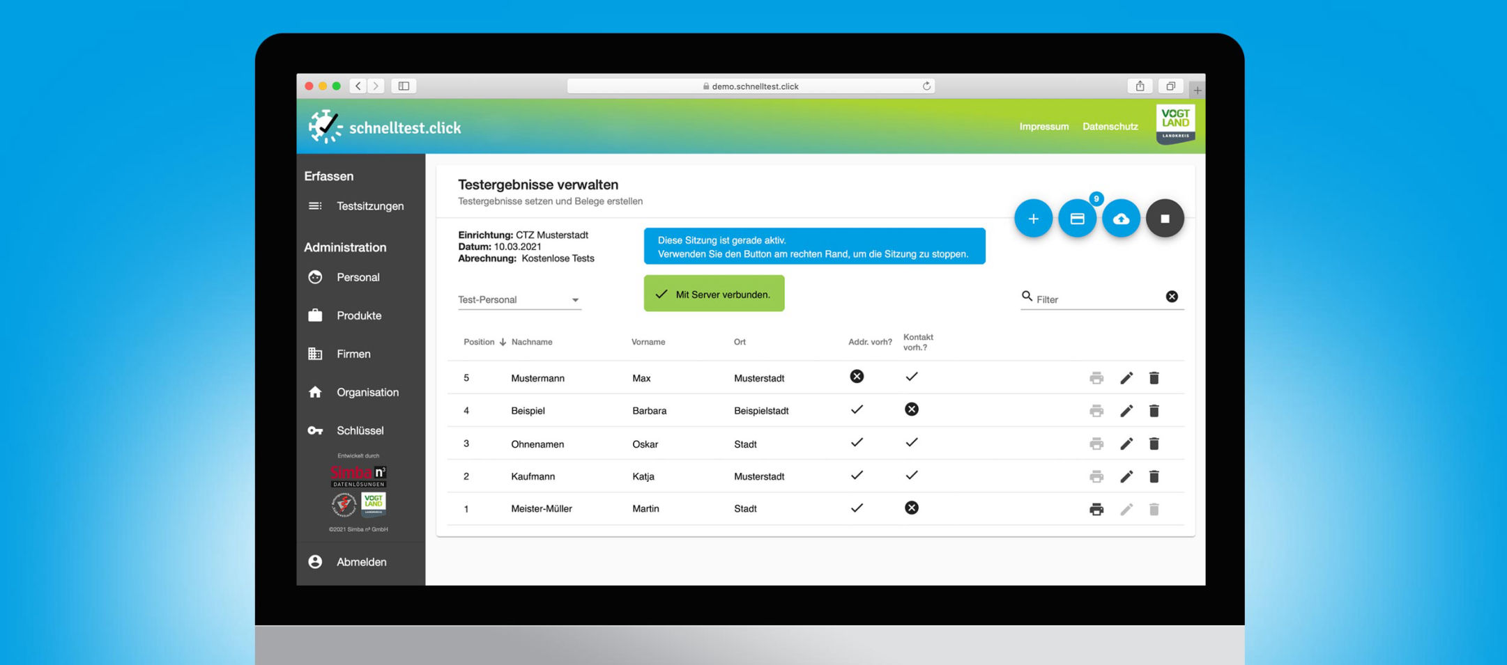 schnelltest.click Anwendungsoberfläche