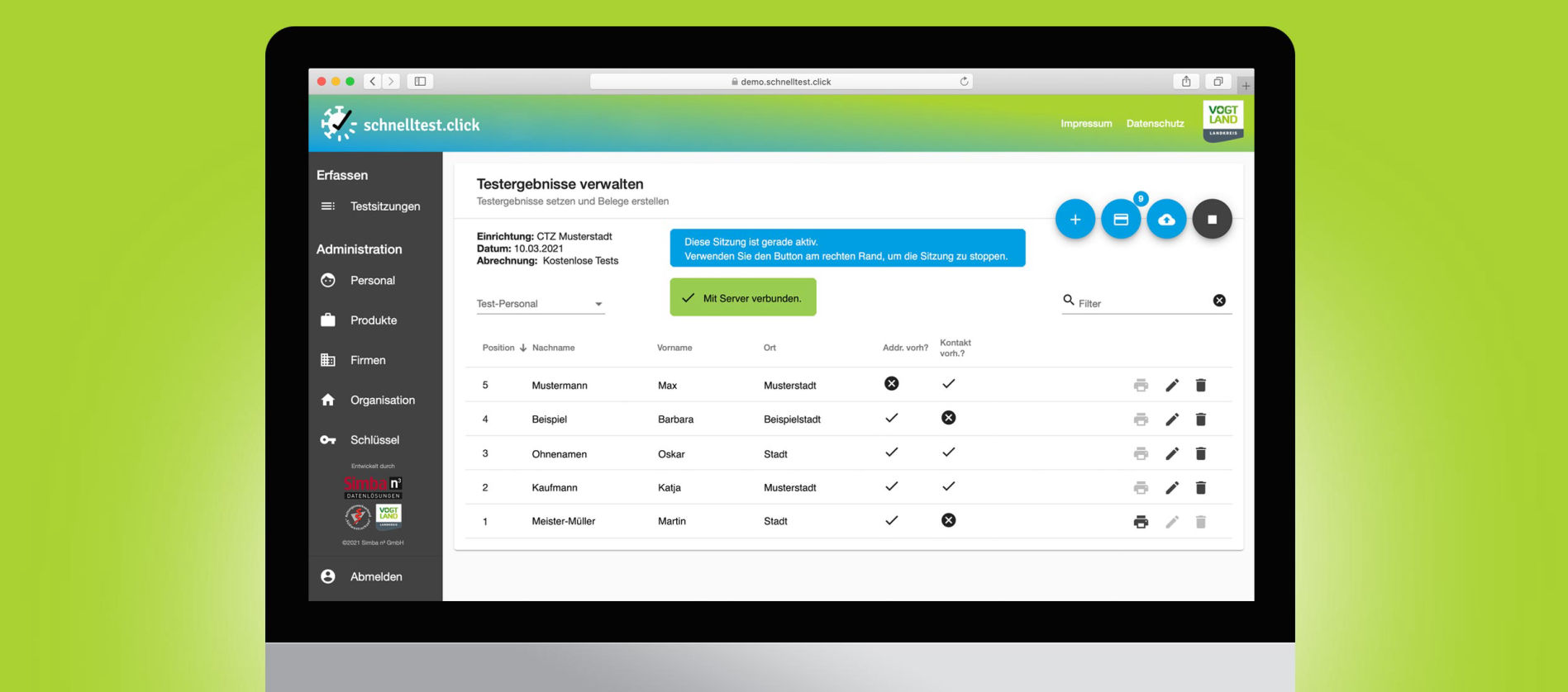 schnelltest.click Anwendungsoberfläche